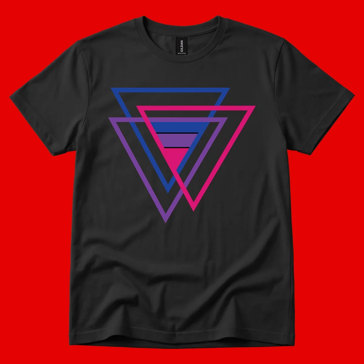 Nested triangles pride design with concentric blue, magenta, and purple geometric layers and black accent lines