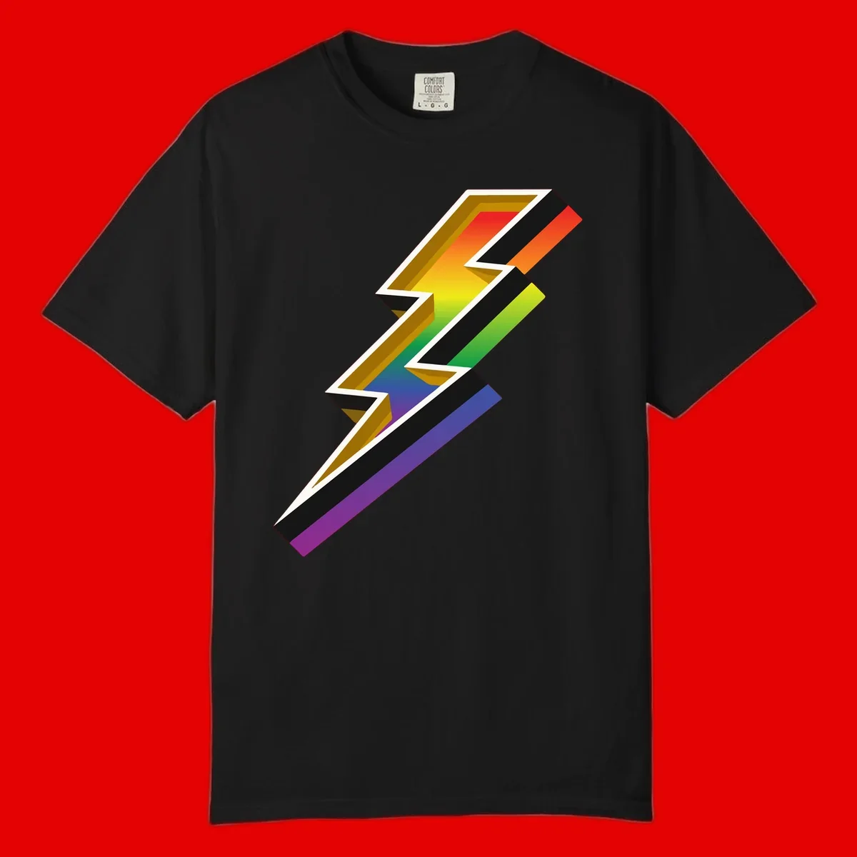 3D rainbow lightning bolt with layered depth effect featuring red, orange, yellow, green, blue, and purple gradient colors with white outlines and black shadows