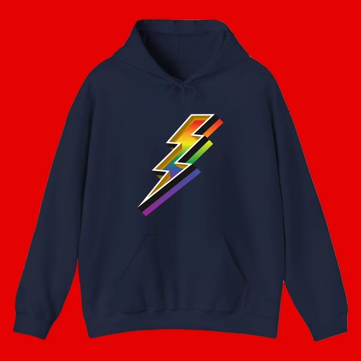 3D rainbow lightning bolt with layered depth effect featuring red, orange, yellow, green, blue, and purple gradient colors with white outlines and black shadows
