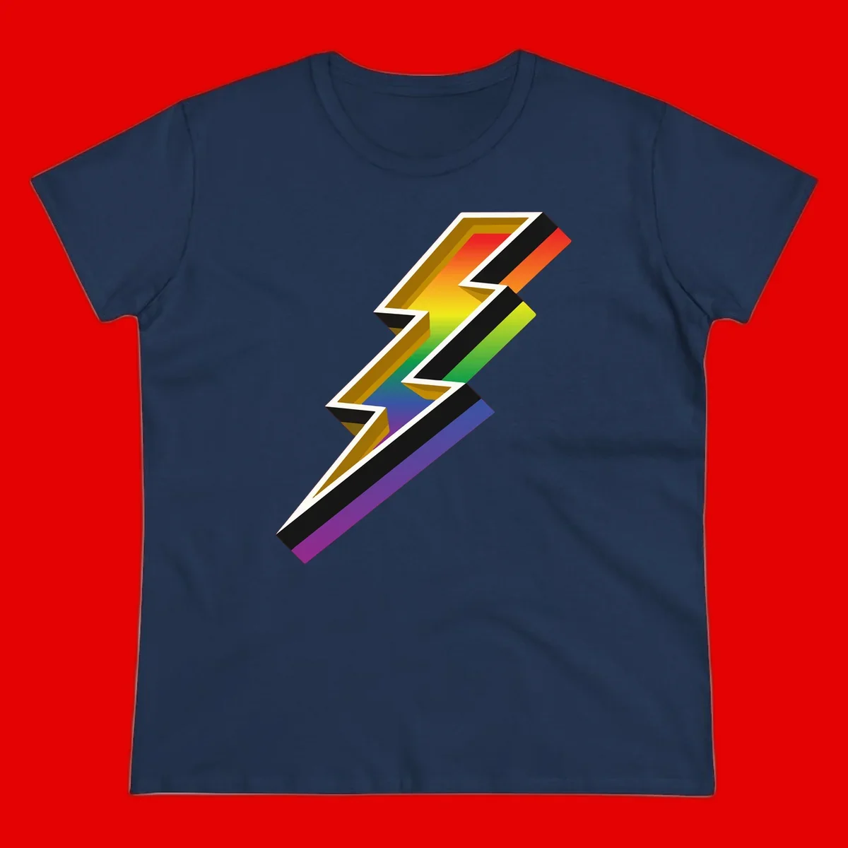 3D rainbow lightning bolt with layered depth effect featuring red, orange, yellow, green, blue, and purple gradient colors with white outlines and black shadows