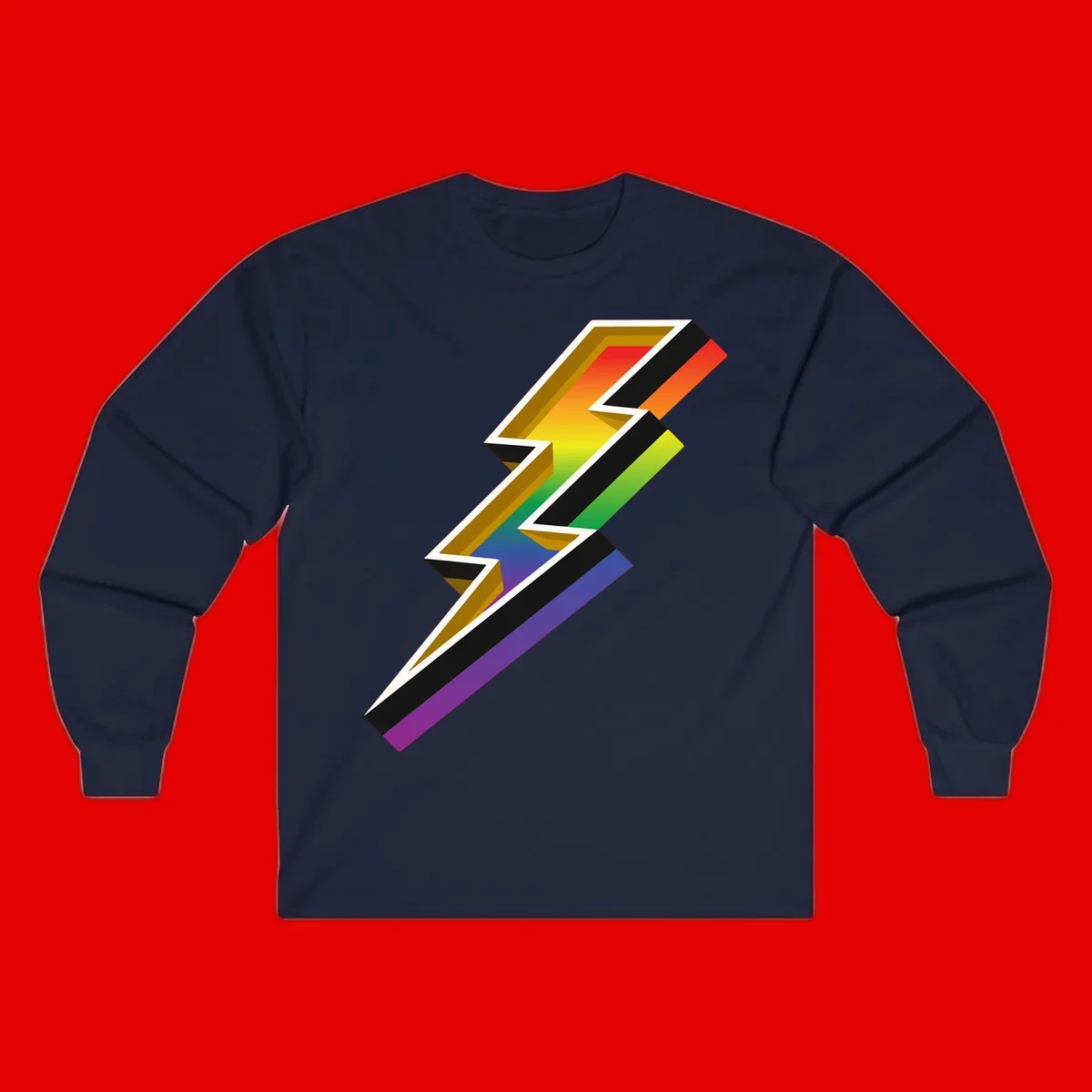 3D rainbow lightning bolt with layered depth effect featuring red, orange, yellow, green, blue, and purple gradient colors with white outlines and black shadows