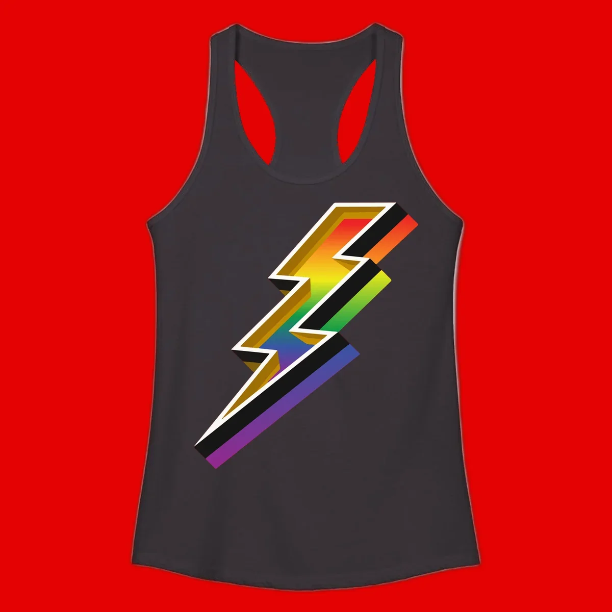 3D rainbow lightning bolt with layered depth effect featuring red, orange, yellow, green, blue, and purple gradient colors with white outlines and black shadows
