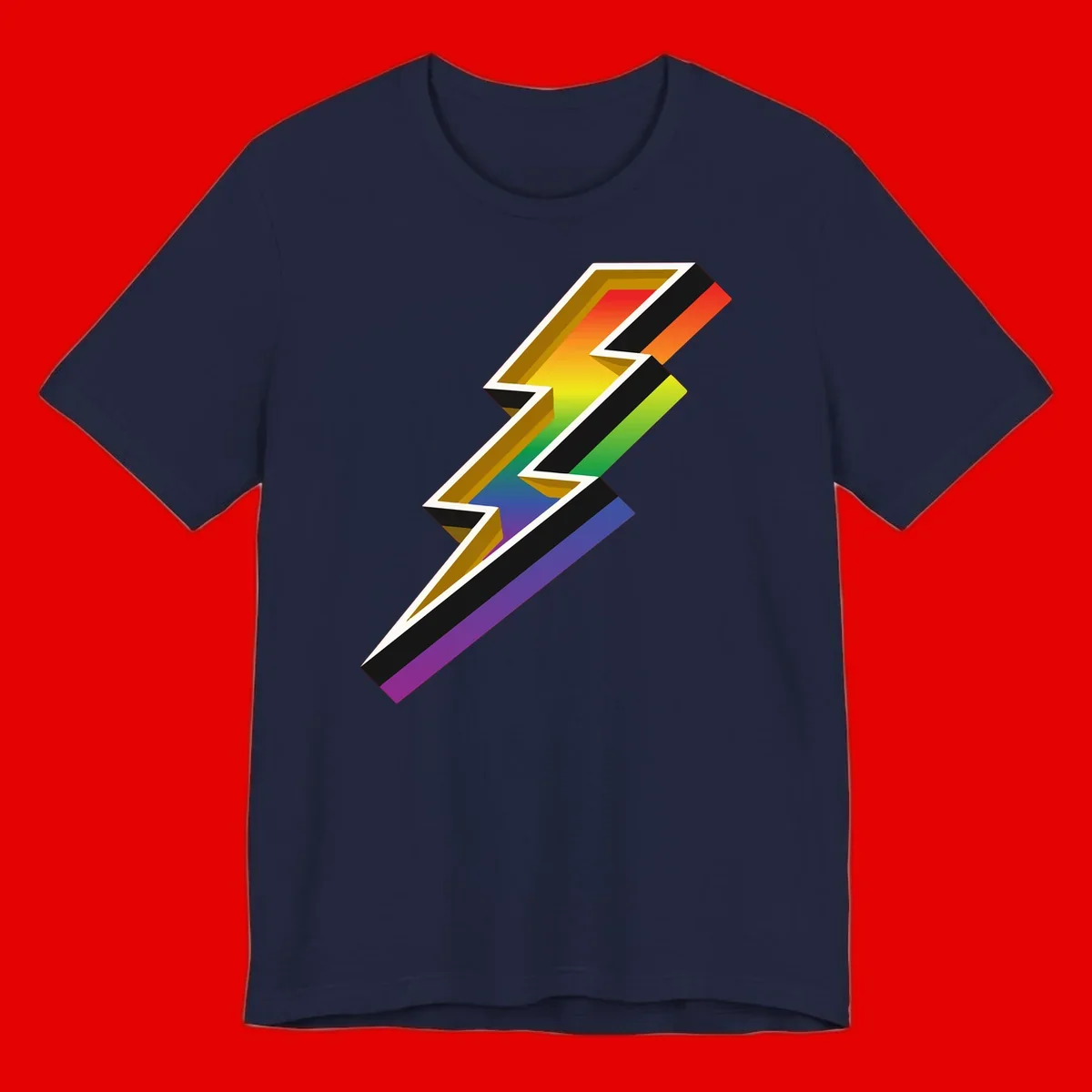 3D rainbow lightning bolt with layered depth effect featuring red, orange, yellow, green, blue, and purple gradient colors with white outlines and black shadows