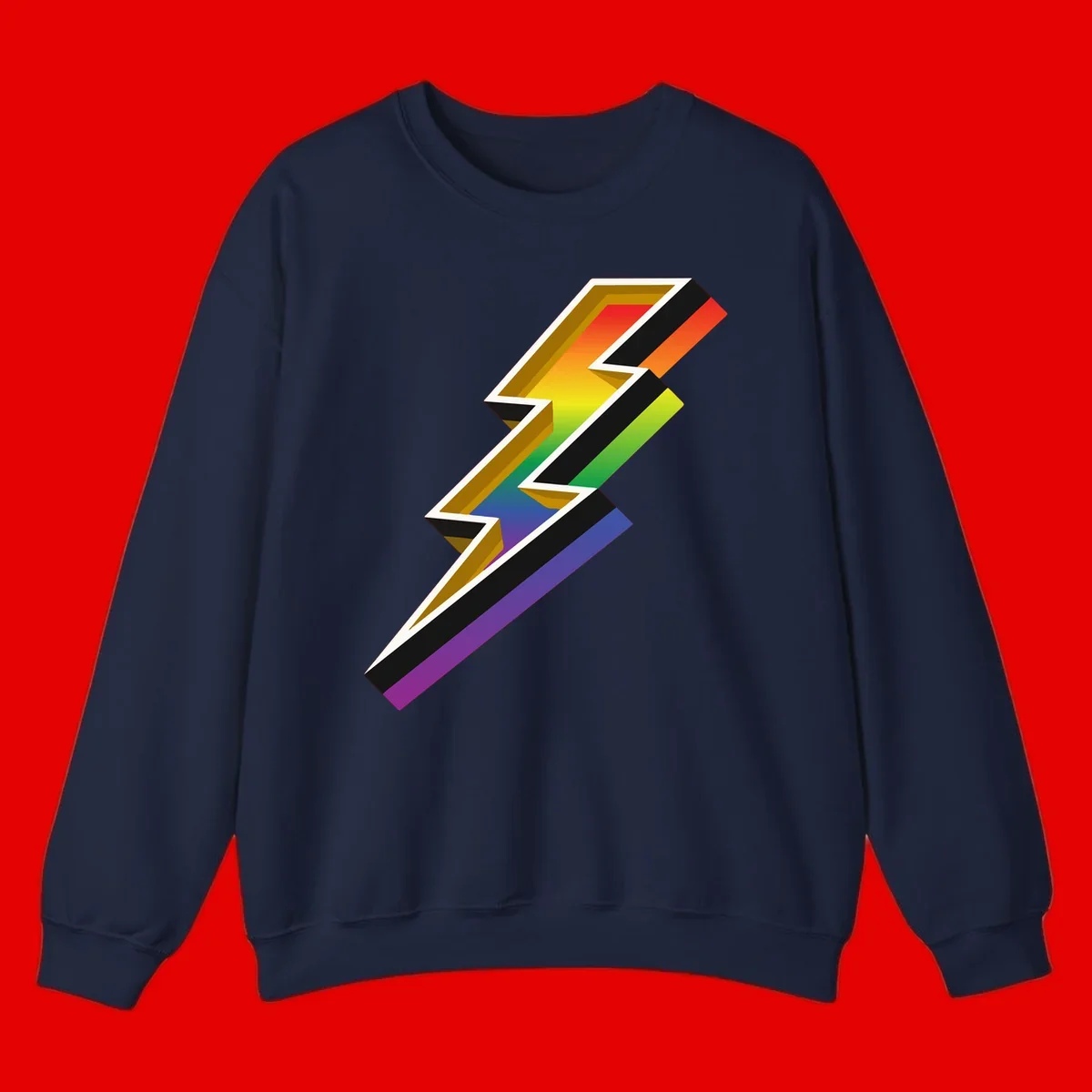 3D rainbow lightning bolt with layered depth effect featuring red, orange, yellow, green, blue, and purple gradient colors with white outlines and black shadows