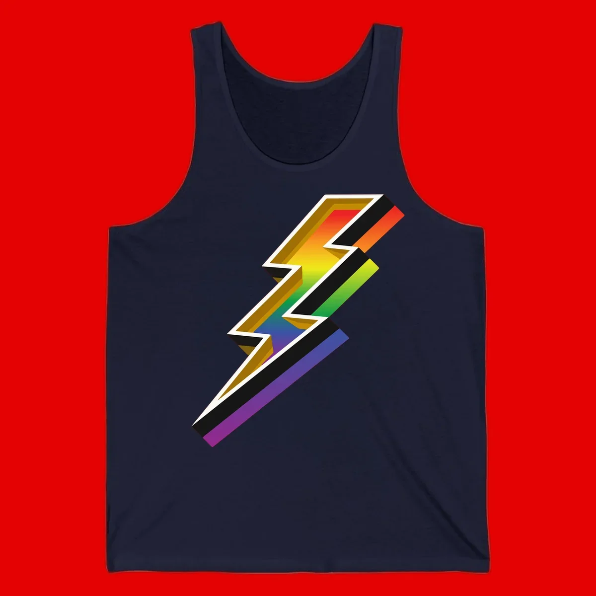3D rainbow lightning bolt with layered depth effect featuring red, orange, yellow, green, blue, and purple gradient colors with white outlines and black shadows