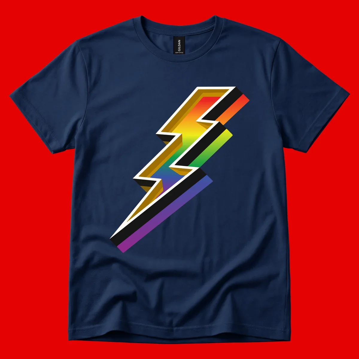 3D rainbow lightning bolt with layered depth effect featuring red, orange, yellow, green, blue, and purple gradient colors with white outlines and black shadows