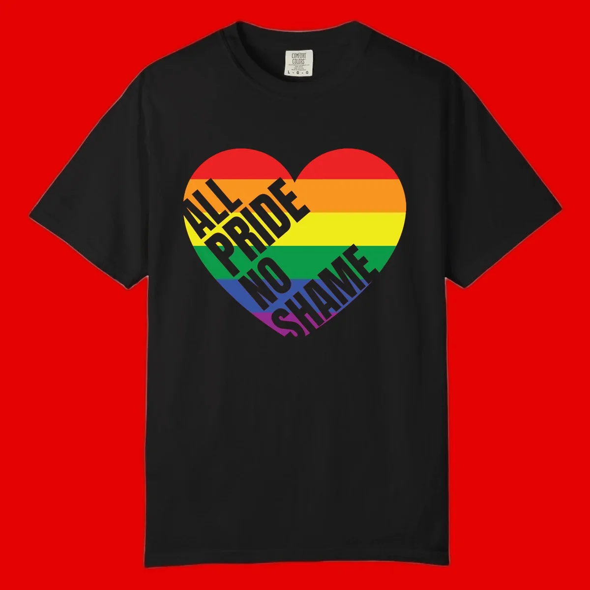 Rainbow pride heart with 'Love Is Love' text in gray, featuring red, orange, yellow, green, blue, and purple stripes symbolizing LGBTQ+ equality