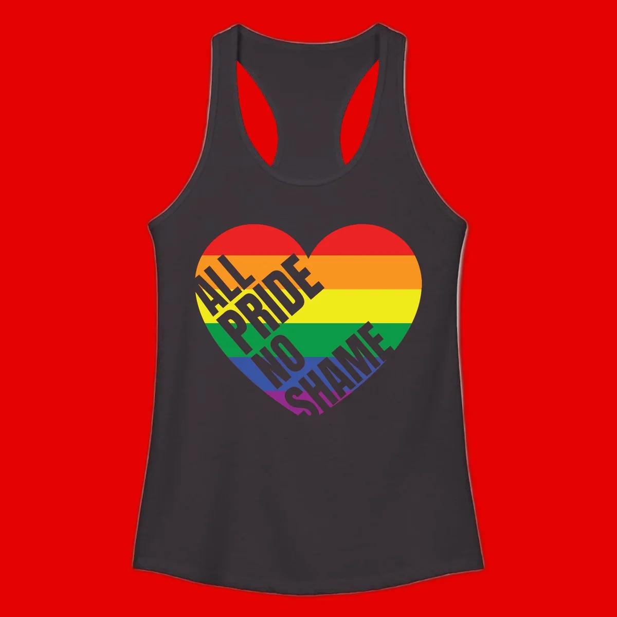 Rainbow pride heart with 'Love Is Love' text in gray, featuring red, orange, yellow, green, blue, and purple stripes symbolizing LGBTQ+ equality