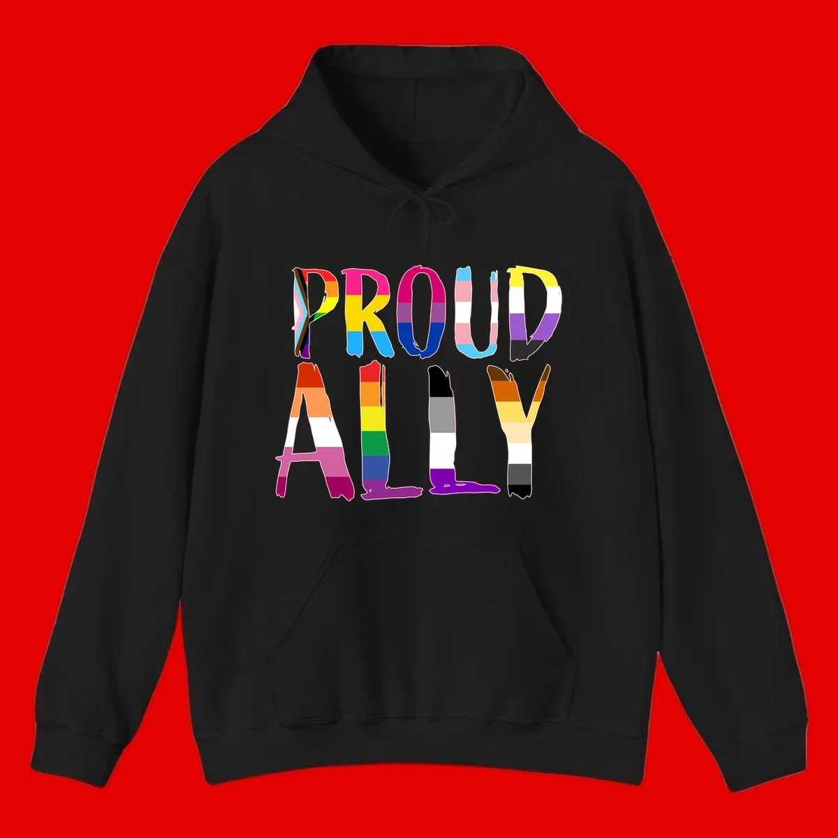 Colorful block letters spelling PROUD filled with rainbow pride flag stripes and patterns including trans and progress pride designs