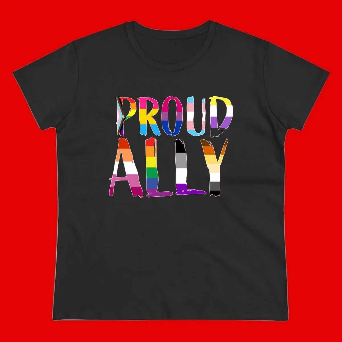 Colorful block letters spelling PROUD filled with rainbow pride flag stripes and patterns including trans and progress pride designs