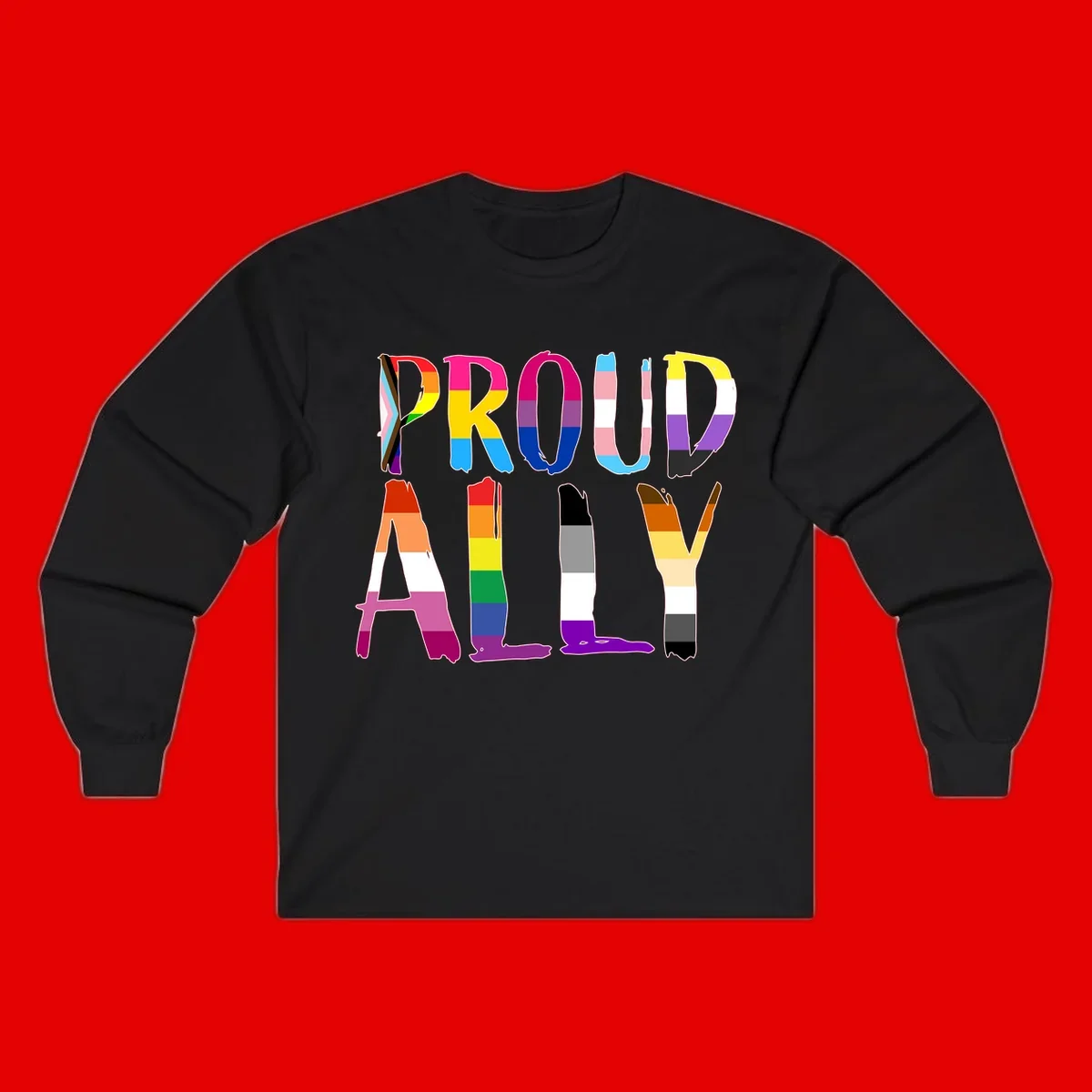 Colorful block letters spelling PROUD filled with rainbow pride flag stripes and patterns including trans and progress pride designs