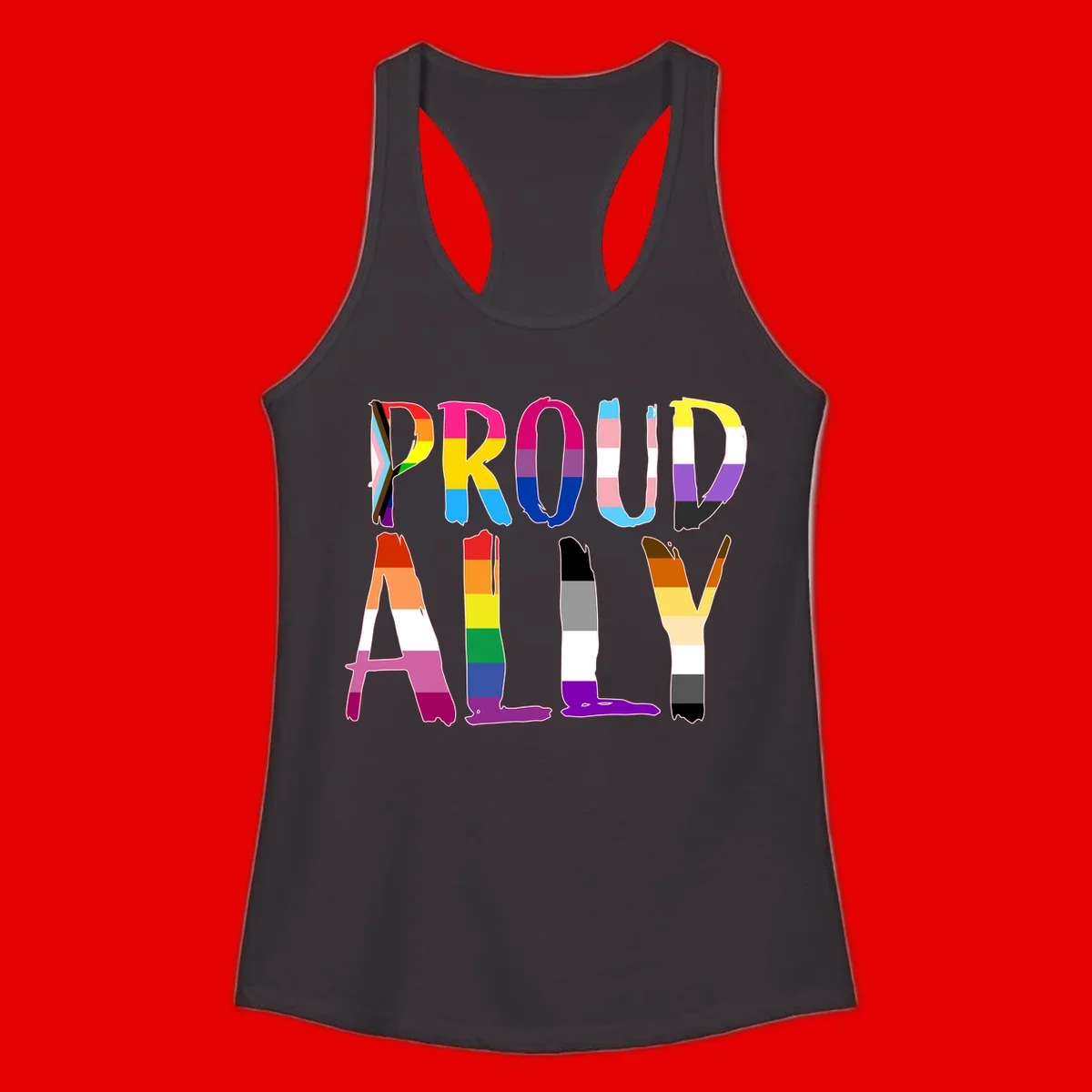 Colorful block letters spelling PROUD filled with rainbow pride flag stripes and patterns including trans and progress pride designs