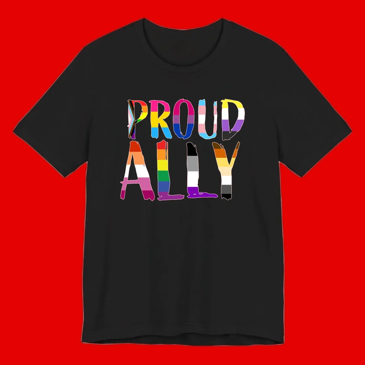 Colorful block letters spelling PROUD filled with rainbow pride flag stripes and patterns including trans and progress pride designs