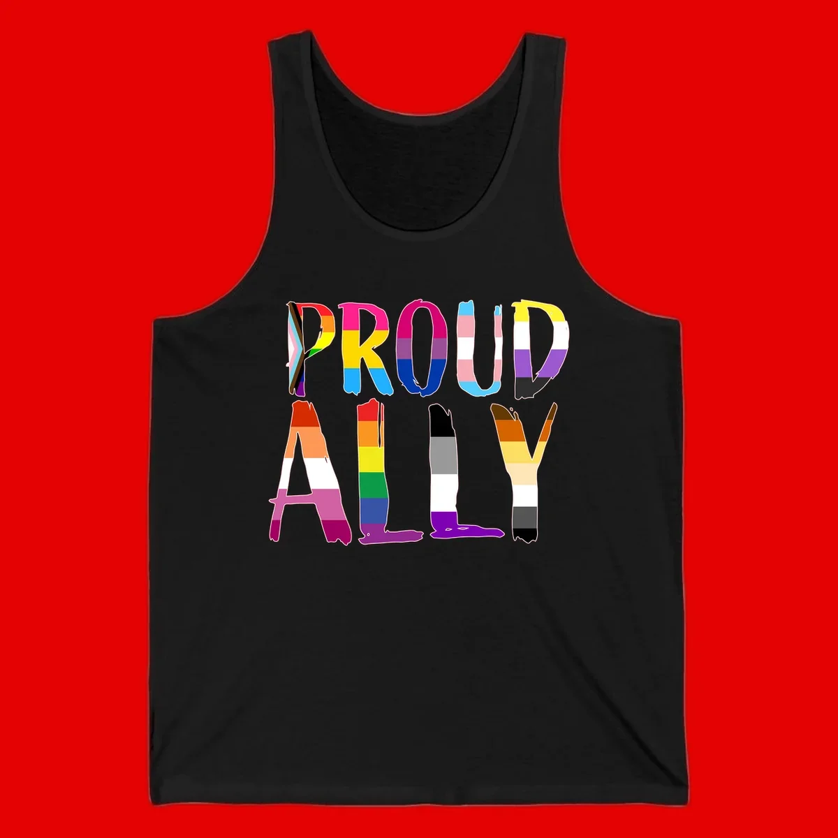 Colorful block letters spelling PROUD filled with rainbow pride flag stripes and patterns including trans and progress pride designs