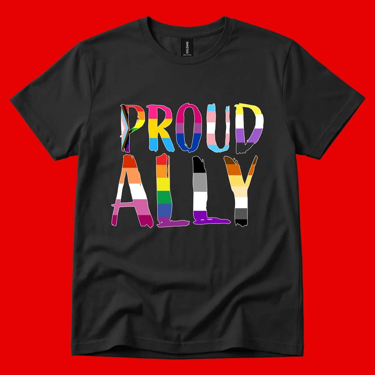 Colorful block letters spelling PROUD filled with rainbow pride flag stripes and patterns including trans and progress pride designs