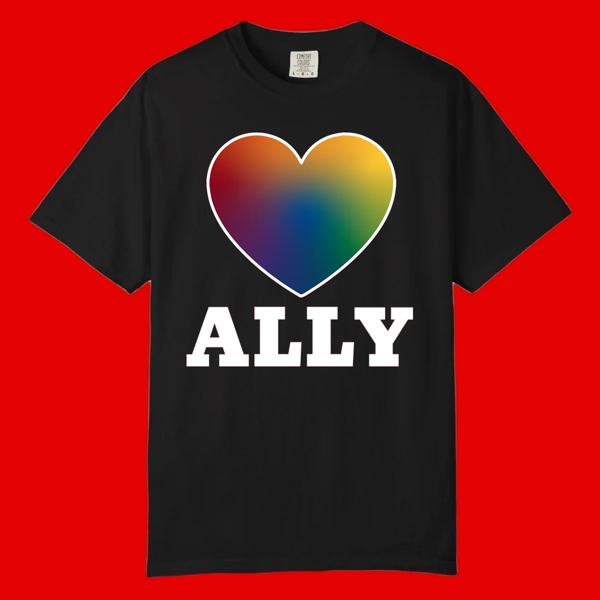 Ally rainbow heart pride design featuring a gradient heart transitioning through rainbow colors with white border and ALLY text