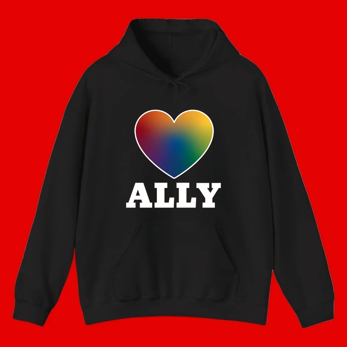 Ally rainbow heart pride design featuring a gradient heart transitioning through rainbow colors with white border and ALLY text