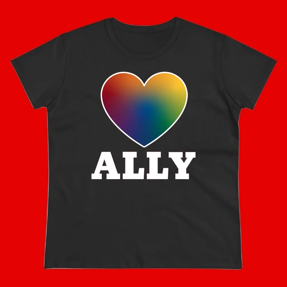Ally rainbow heart pride design featuring a gradient heart transitioning through rainbow colors with white border and ALLY text