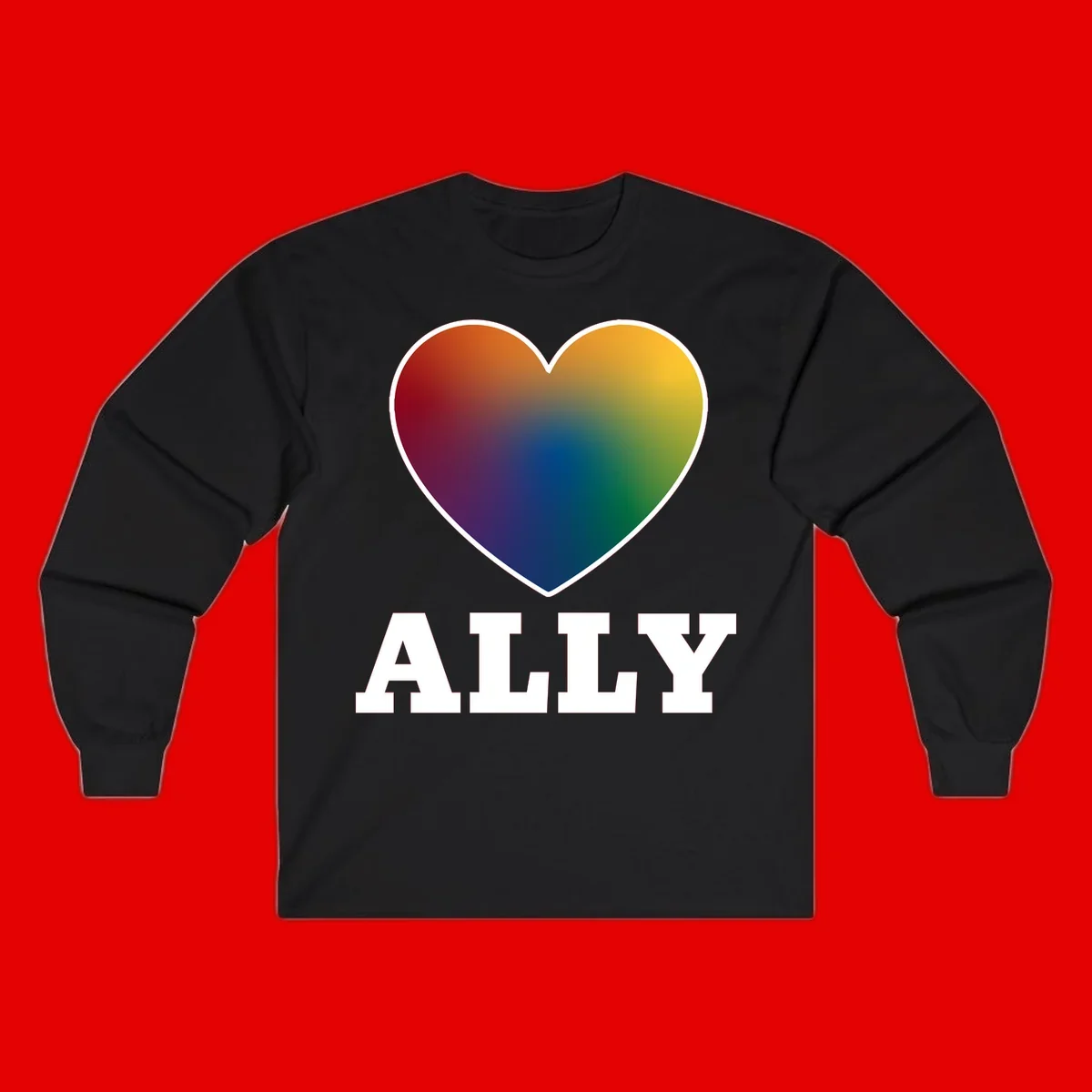 Ally rainbow heart pride design featuring a gradient heart transitioning through rainbow colors with white border and ALLY text