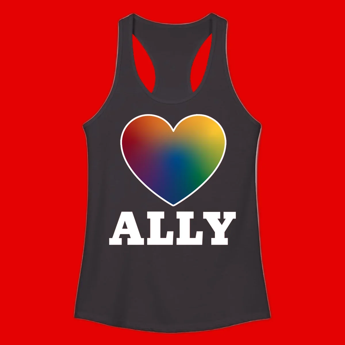 Ally rainbow heart pride design featuring a gradient heart transitioning through rainbow colors with white border and ALLY text