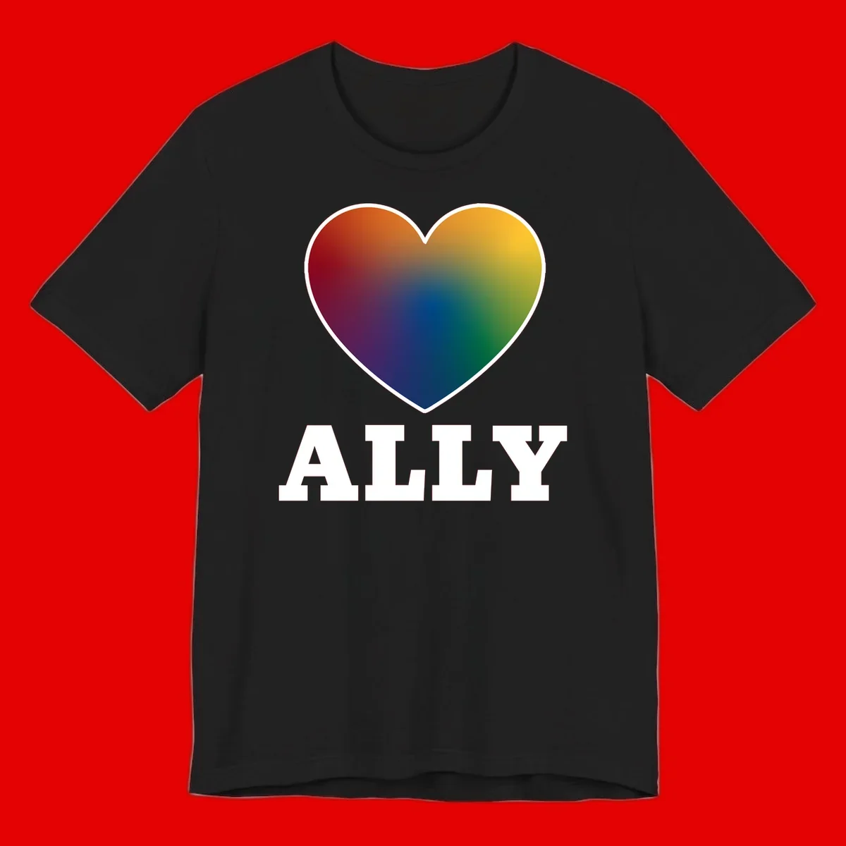 Ally rainbow heart pride design featuring a gradient heart transitioning through rainbow colors with white border and ALLY text