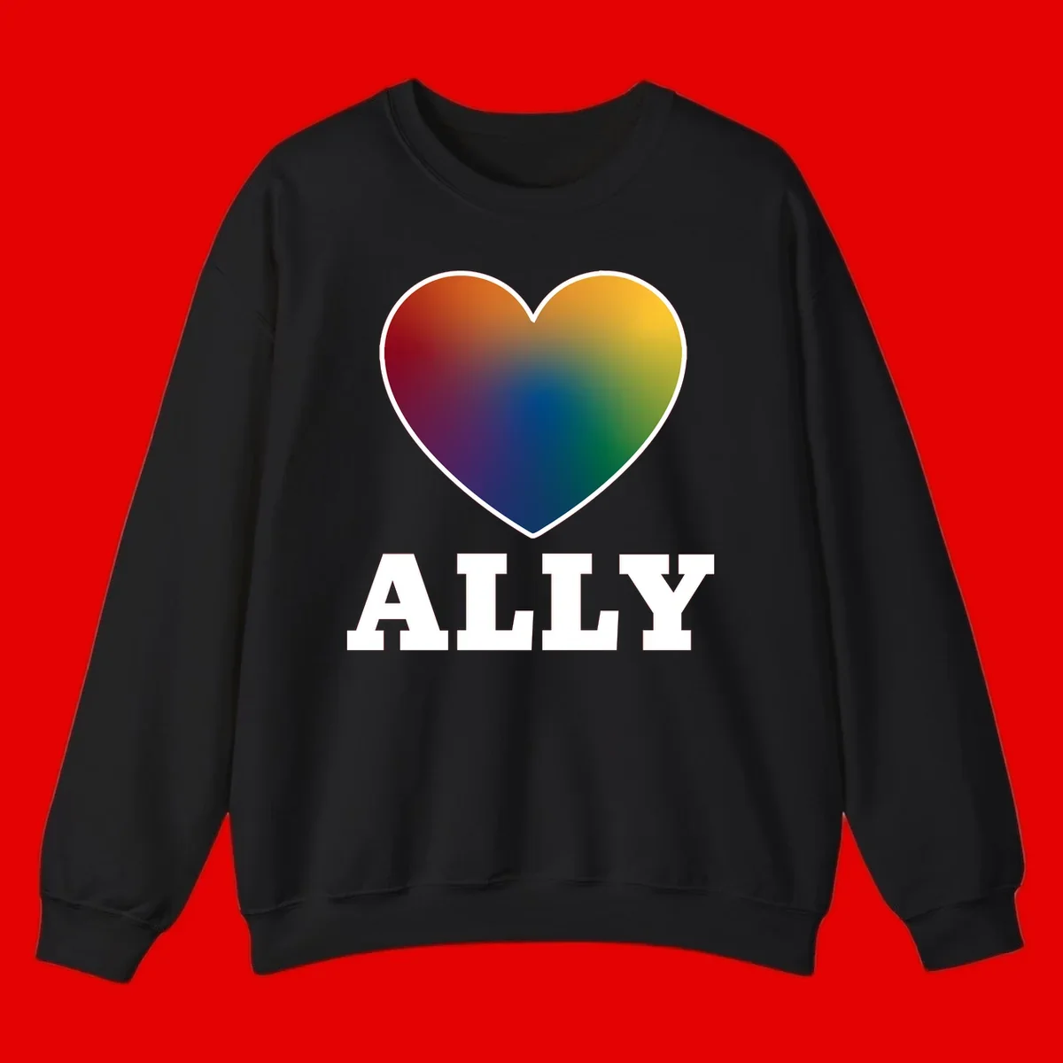 Ally rainbow heart pride design featuring a gradient heart transitioning through rainbow colors with white border and ALLY text