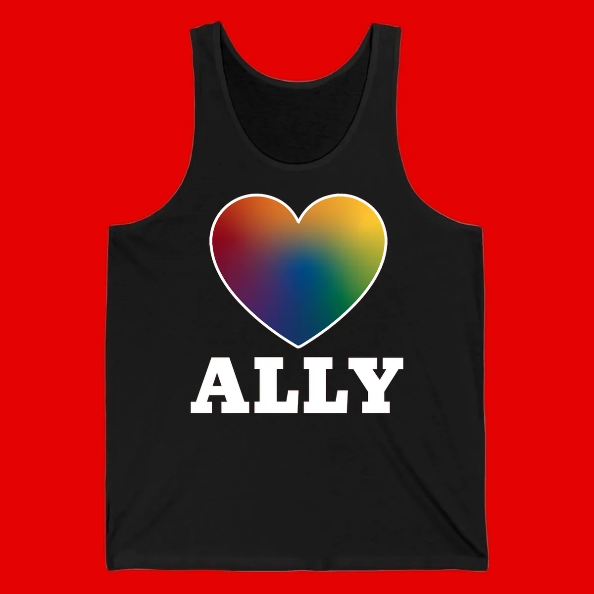 Ally rainbow heart pride design featuring a gradient heart transitioning through rainbow colors with white border and ALLY text