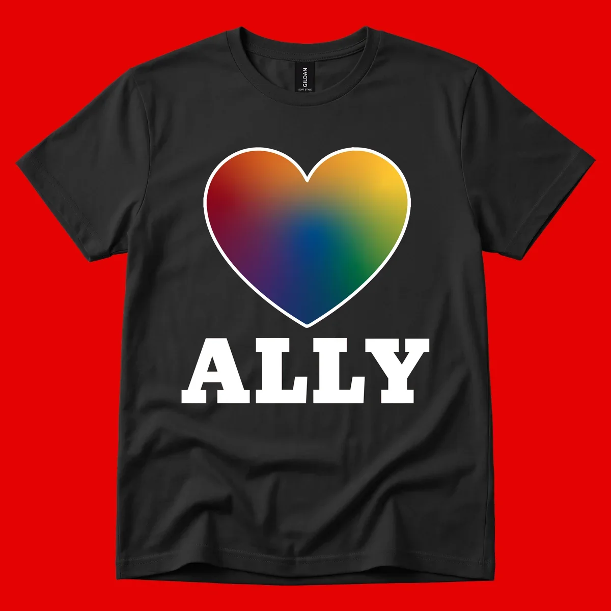 Ally rainbow heart pride design featuring a gradient heart transitioning through rainbow colors with white border and ALLY text