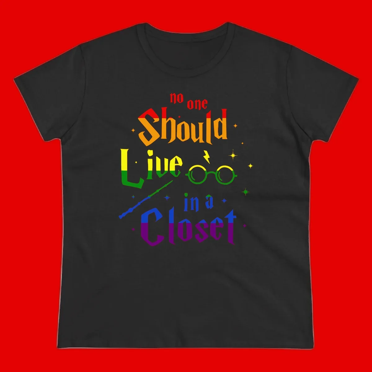 Rainbow gradient text reading 'no one Should live in a Closet' with magical elements including glasses, wand, and stars on gray background