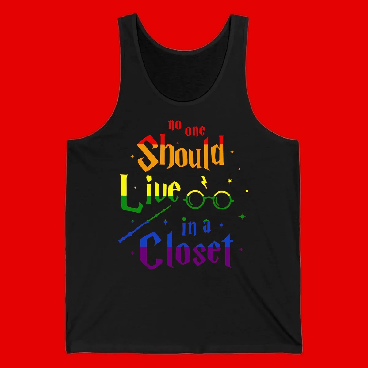 Rainbow gradient text reading 'no one Should live in a Closet' with magical elements including glasses, wand, and stars on gray background