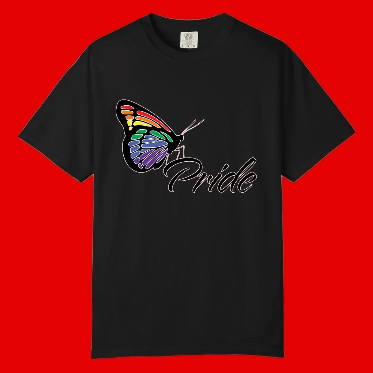 Pride butterfly illustration with rainbow-colored wings in red, orange, yellow, green, blue, and purple gradient with 'Pride' text
