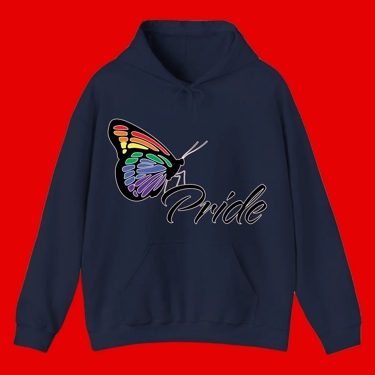 Pride butterfly illustration with rainbow-colored wings in red, orange, yellow, green, blue, and purple gradient with 'Pride' text