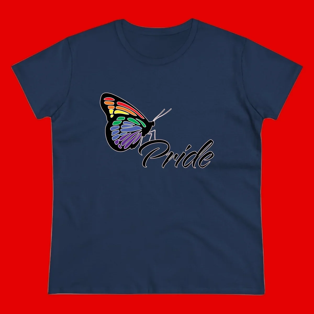 Pride butterfly illustration with rainbow-colored wings in red, orange, yellow, green, blue, and purple gradient with 'Pride' text