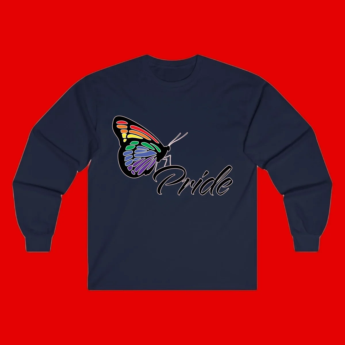 Pride butterfly illustration with rainbow-colored wings in red, orange, yellow, green, blue, and purple gradient with 'Pride' text