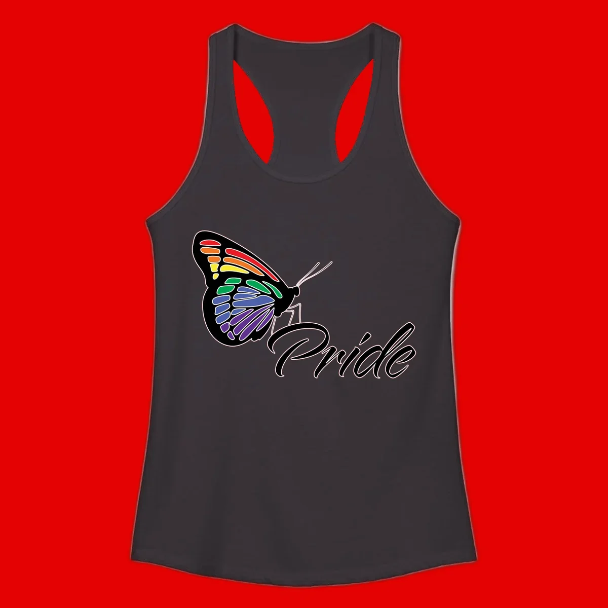 Pride butterfly illustration with rainbow-colored wings in red, orange, yellow, green, blue, and purple gradient with 'Pride' text