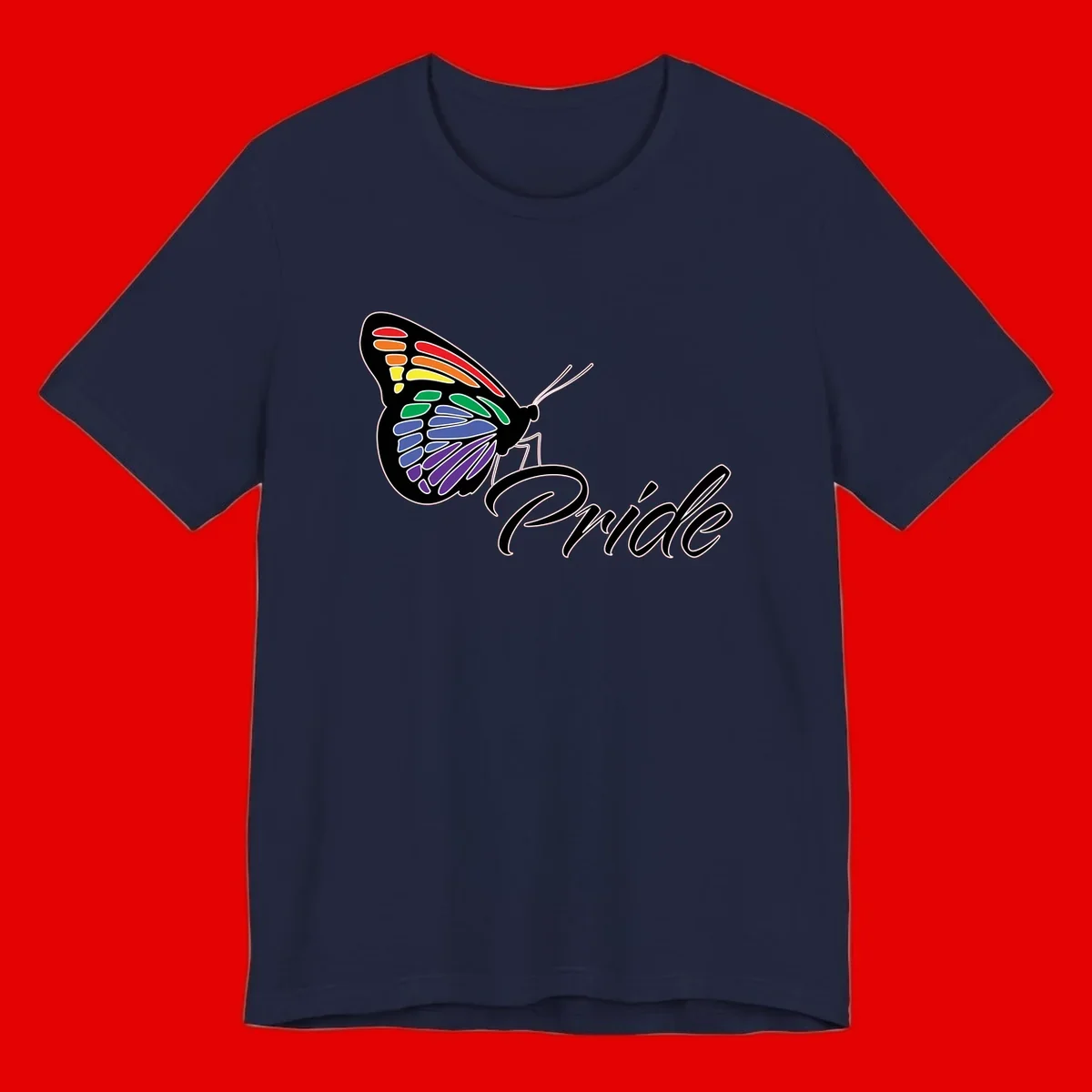 Pride butterfly illustration with rainbow-colored wings in red, orange, yellow, green, blue, and purple gradient with 'Pride' text