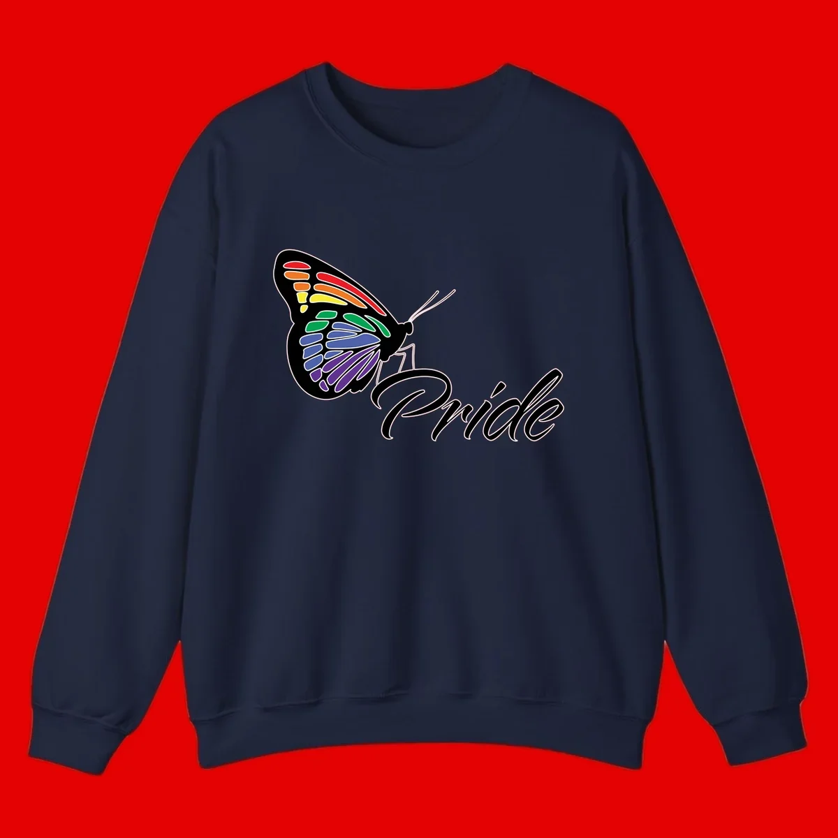 Pride butterfly illustration with rainbow-colored wings in red, orange, yellow, green, blue, and purple gradient with 'Pride' text