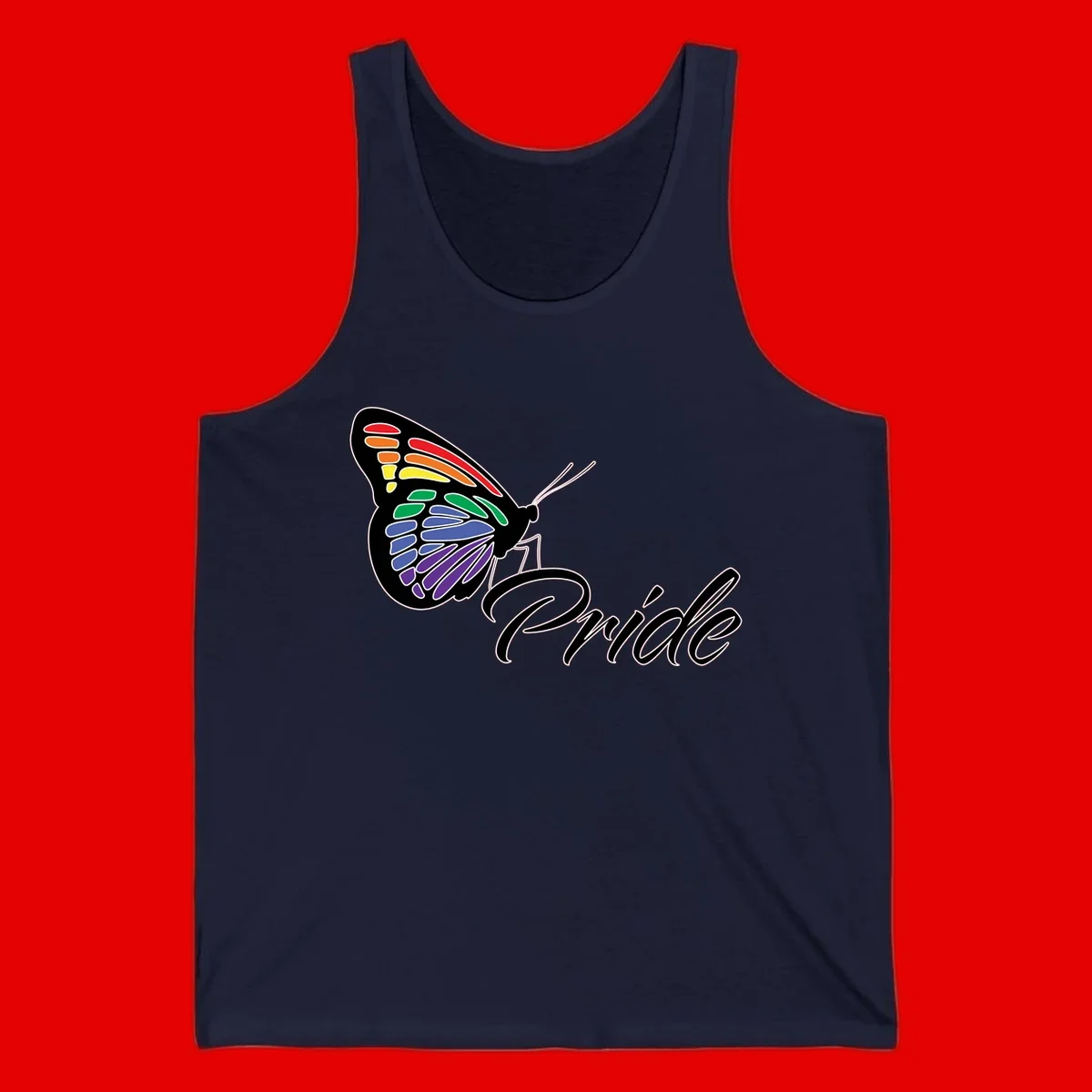 Pride butterfly illustration with rainbow-colored wings in red, orange, yellow, green, blue, and purple gradient with 'Pride' text