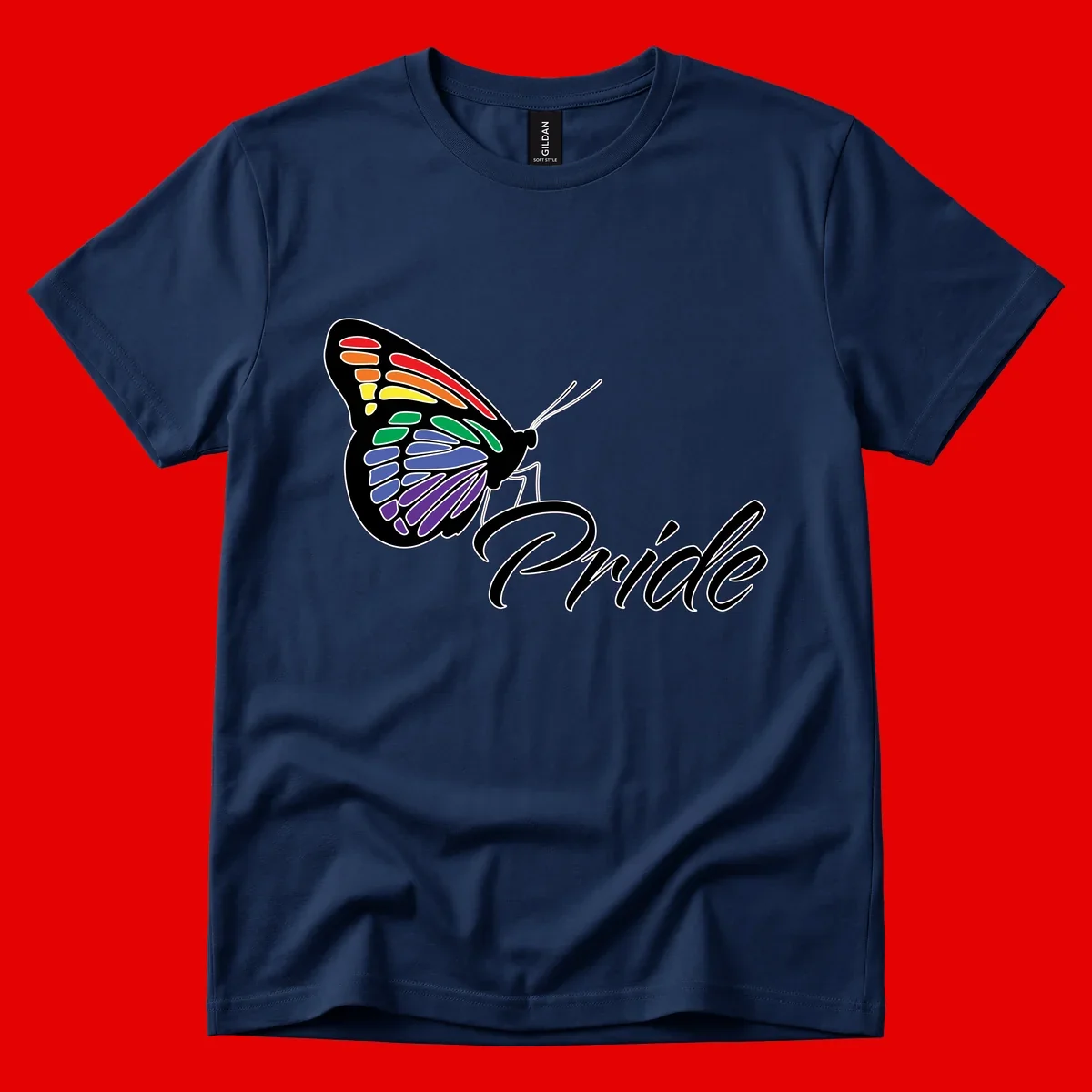 Pride butterfly illustration with rainbow-colored wings in red, orange, yellow, green, blue, and purple gradient with 'Pride' text