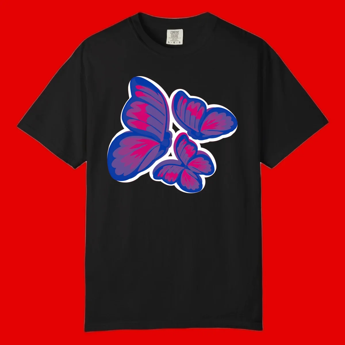 Colorful butterfly sticker design featuring four blue and magenta butterflies with layered wings and gradient shading on gray background
