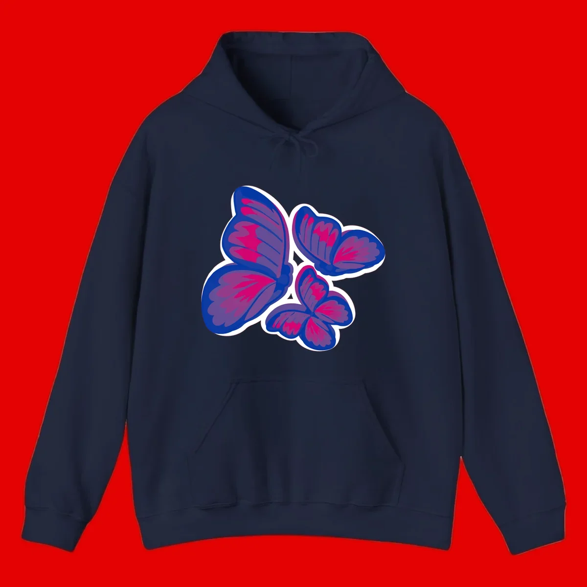 Colorful butterfly sticker design featuring four blue and magenta butterflies with layered wings and gradient shading on gray background