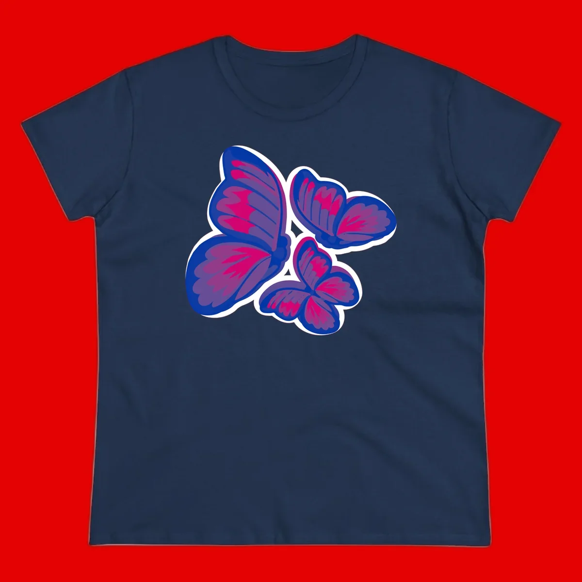 Colorful butterfly sticker design featuring four blue and magenta butterflies with layered wings and gradient shading on gray background