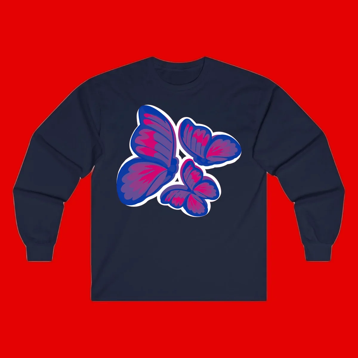 Colorful butterfly sticker design featuring four blue and magenta butterflies with layered wings and gradient shading on gray background