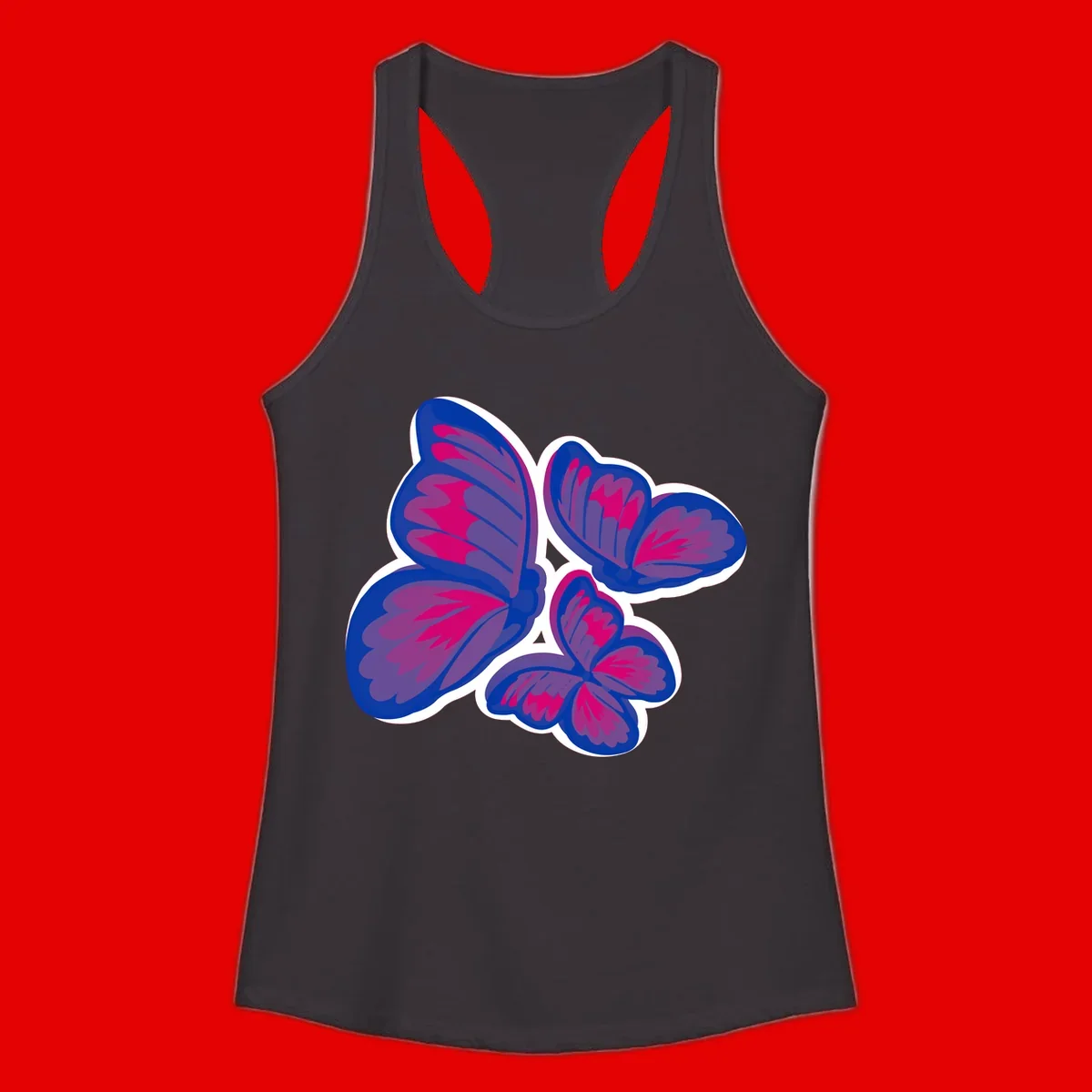 Colorful butterfly sticker design featuring four blue and magenta butterflies with layered wings and gradient shading on gray background
