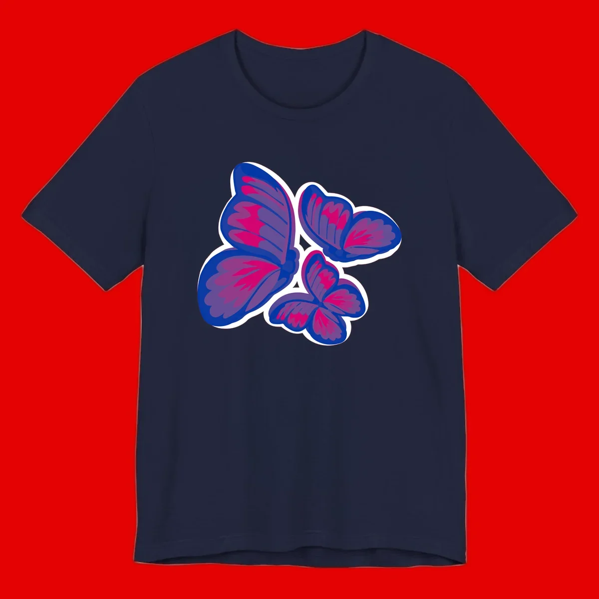 Colorful butterfly sticker design featuring four blue and magenta butterflies with layered wings and gradient shading on gray background