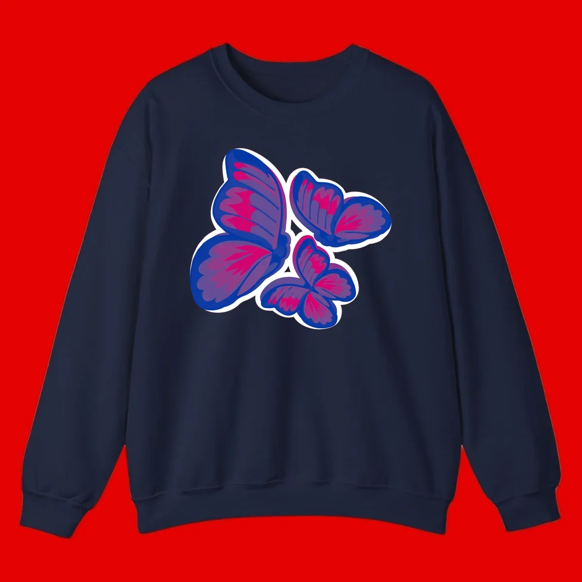 Colorful butterfly sticker design featuring four blue and magenta butterflies with layered wings and gradient shading on gray background