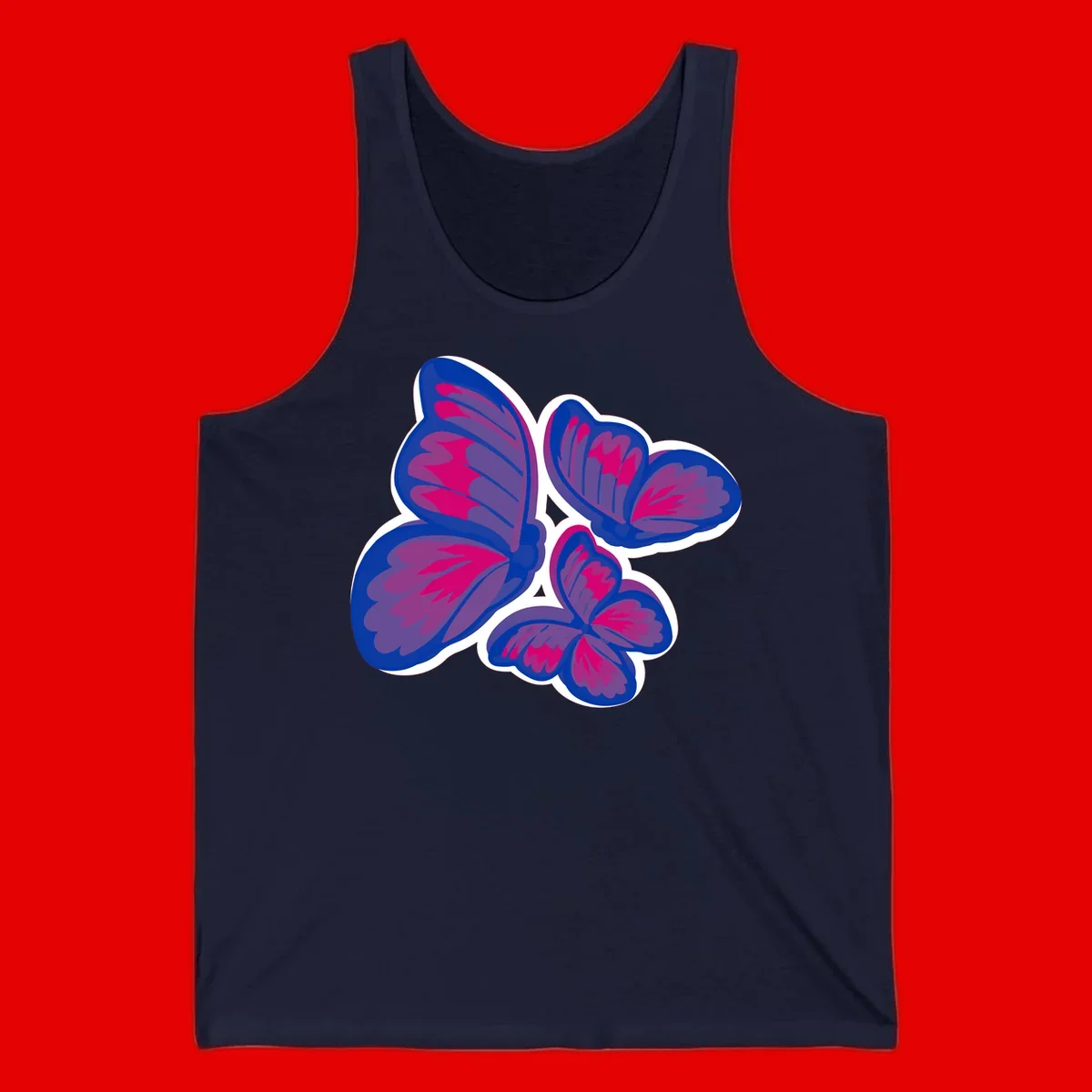 Colorful butterfly sticker design featuring four blue and magenta butterflies with layered wings and gradient shading on gray background