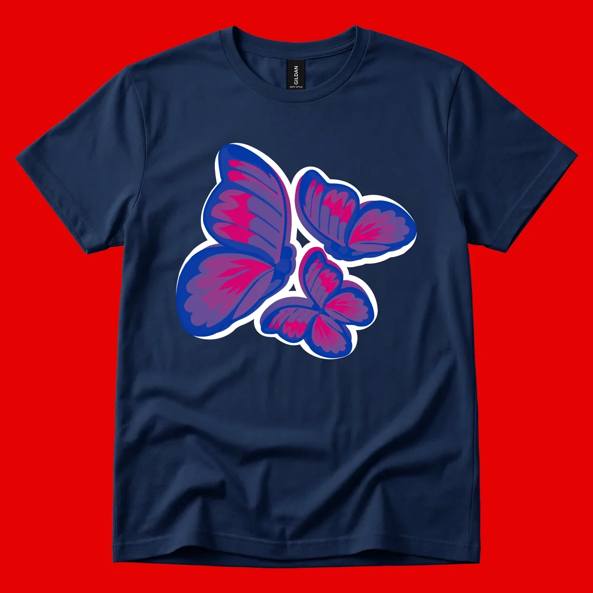 Colorful butterfly sticker design featuring four blue and magenta butterflies with layered wings and gradient shading on gray background