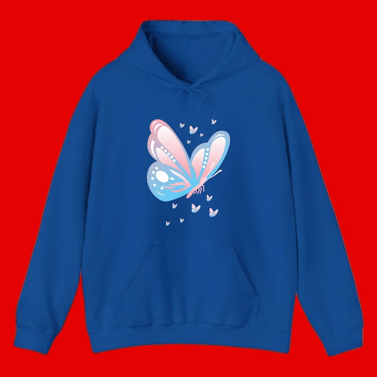 Large butterfly with pink and blue gradient wings featuring white dot details, surrounded by smaller flying butterflies on gray background