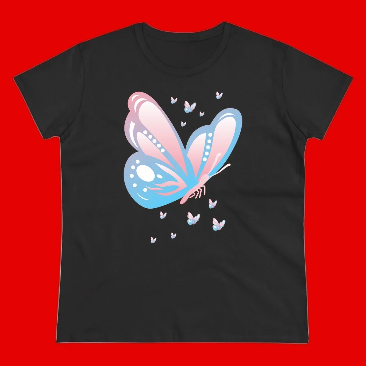 Large butterfly with pink and blue gradient wings featuring white dot details, surrounded by smaller flying butterflies on gray background